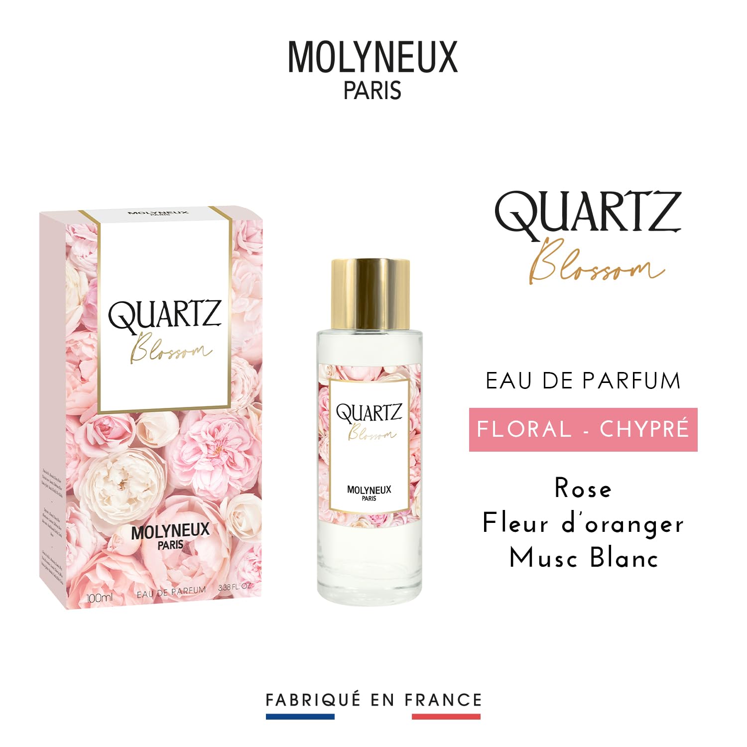 MOLYNEUX Eau de parfum femme, Quartz Blossom, douce et tendance, made in France, 100ml