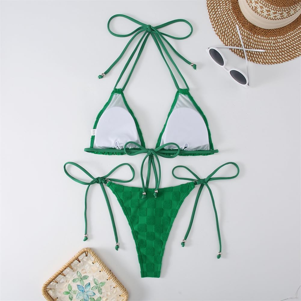 Textured Triangle Bikini Set, Halter Neck Top with Side-Tie Bottom, Royal Blue Micro Swimsuit Sexy Woman Beach Wear PQ24050