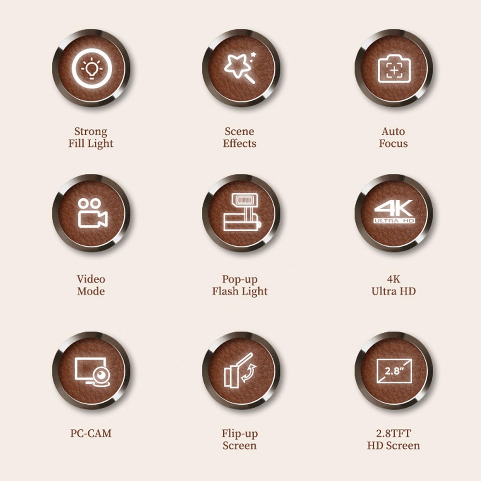 Annadue Fotocamera Digitale 4K per Fotografia, Fotocamera da Vlogging da 64 MP con Schermo di Lancio a 180 °, Autofocus, 16 Filtri retrò e Luce di Bellezza, per Principianti (BROWN)