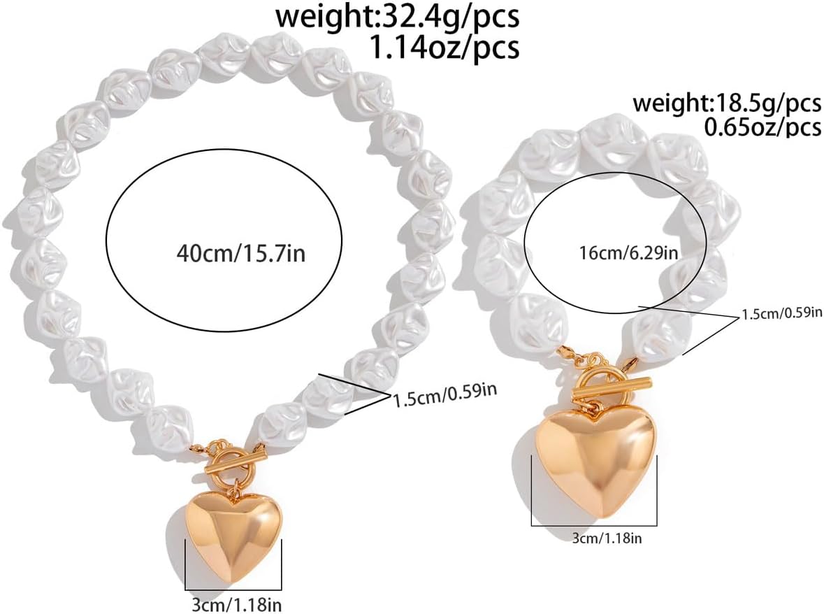 Baroque Pearl Chunky Heart Necklace Bracelet for Women Trendy Outfits Jewelry Set White Pearl Beaded Collar Necklace Gold Silver Plated Puffy Heart Statement Necklace Fashion OT Clasp Chain Bracelet - Image 2