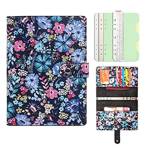 Wonderpool Spiral Leder Tagebuch Nachfüllbarer 6 Löcher Binder Notizbuch Loseblatt Muster Einband Ringbuch Portfolio mit Innentaschen-100g dickes Papier für Schule Arbeit Reisen (Blumen, A5) Cover
