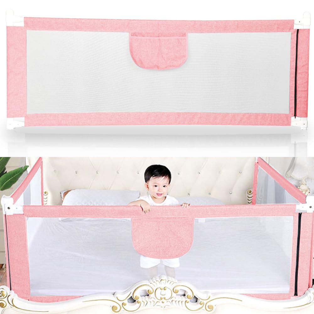 Sponda da Letto 150/180/200 cm (4,9 FT/5,9 FT/6,6 FT), Sponda Letto per Bambini Barriera di Sicurezza Universale Anticaduta con 1 Tasca Barriera Letto da Viaggio (180 cm/5,9 FT, Rosa)