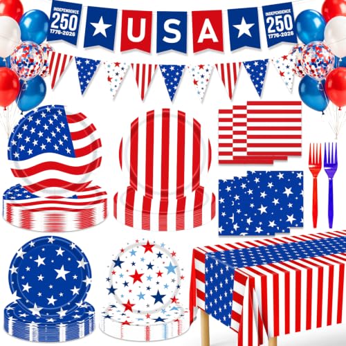 4th of July Party Supplies 115pcs 4th of July Plates and Napkins-Serve 24 Including USA 250th Anniversary Banner Balloons Tablecloth for America 250 Party Patriotic Independence Day Decorations