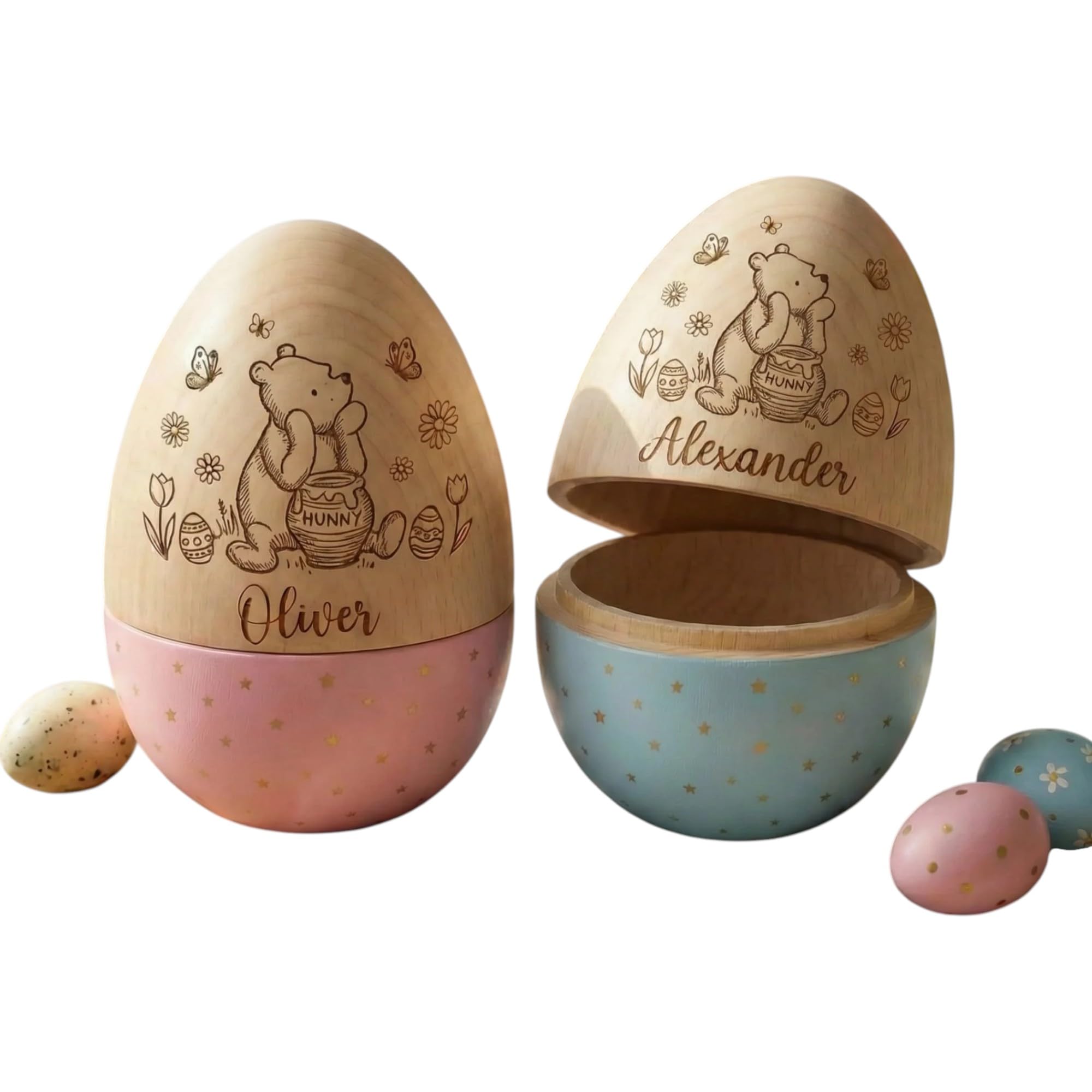 Personalized Bunny Floral Wooden Easter Egg with Name and Initial, Reusable Large Hollow Speckled Easter Keepsake, Basket Filler, Easter Gift for Kids — view 11