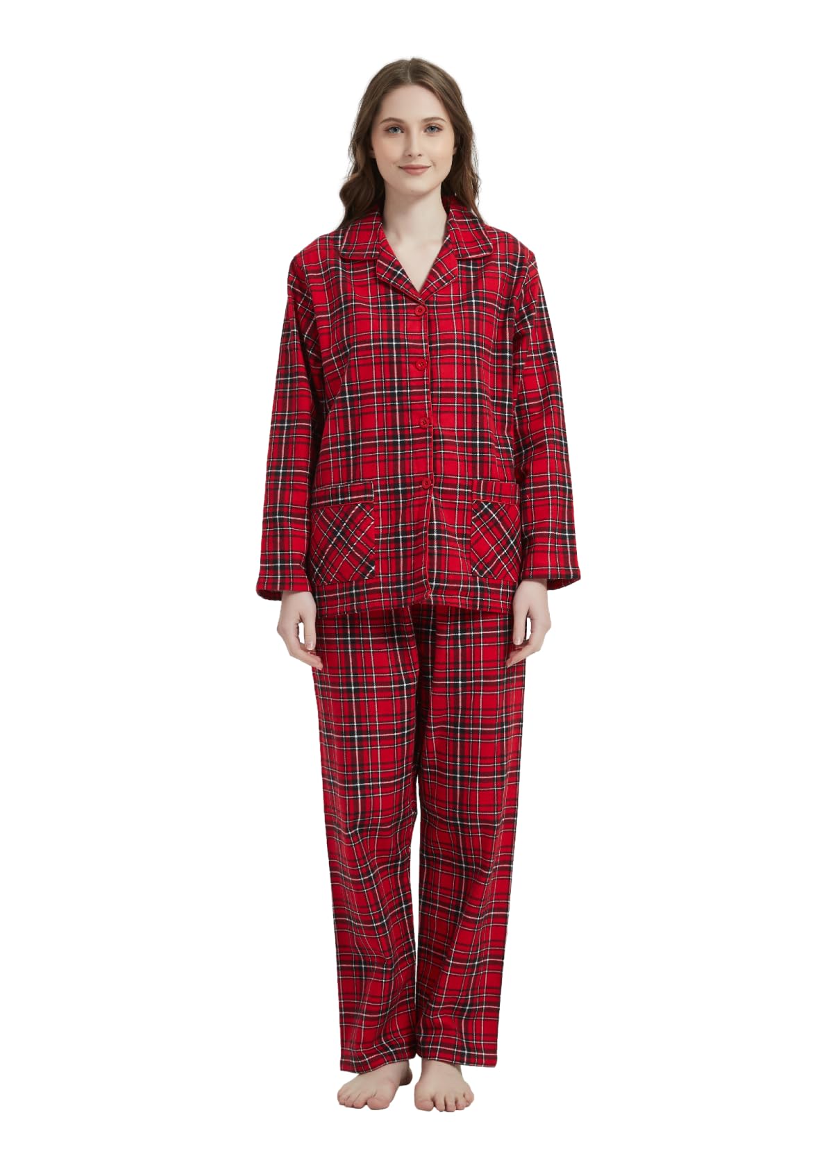 GLOBAL Women's Flannel Pajamas Set 100% Cotton PJs for Women Long Sleeve Button Drawstring Waist Warm Loungewear Sleepwear