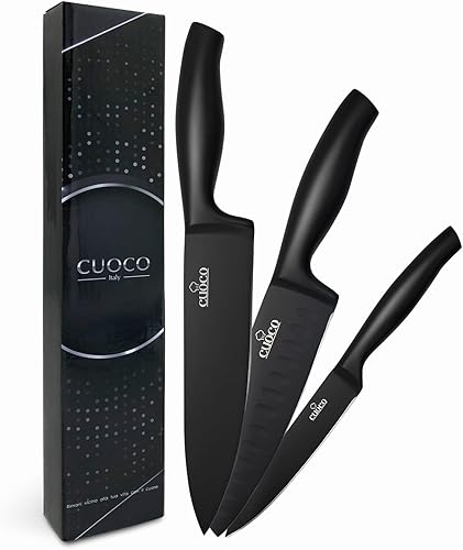 CUOCO - Juego de cuchillos de chef de 3 piezas, negro, juego de cuchillos ultra afilados sin bloque, con cuchillo de chef de 8 pulgadas, cuchillo