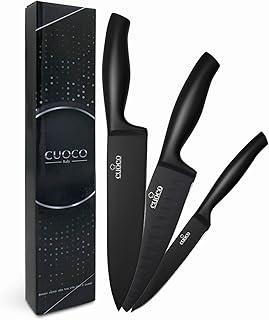 CUOCO Chef Knife Set 3 Pieces Black, Ultra Sharp Knife Set without Block, with 8” Chef Knife, 7” Santoku Knife, and 5” Uti...