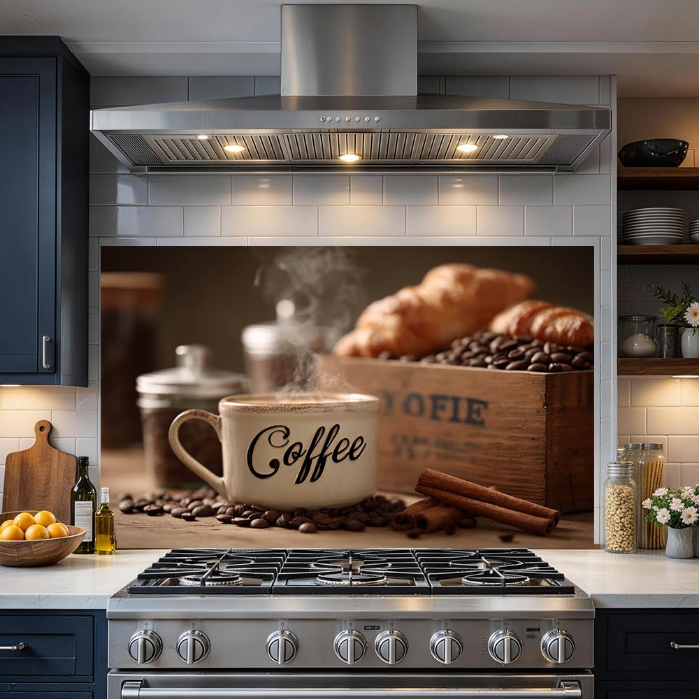 Coffee Cup Croissant Backsplash Peel and Stick, 30x16 in