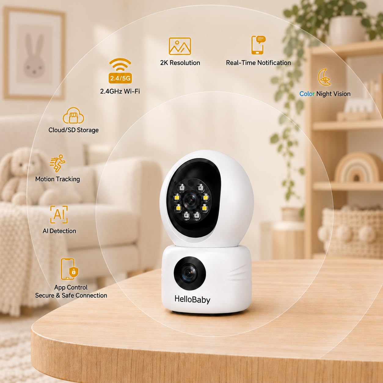 HelloBaby Baby Monitor WiFi, Baby Monitor 2K con fotocamera e visione notturna Video Baby monitor, Baby Camera con rilevamento movimento/suono, Controllo APP remoto, Audio bidirezionale