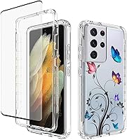 Vista 8 de Funda para Galaxy S21 Ultra 5G, SM-G998U con protector de pantalla de vidrio templado, carcasa rígida de diseño floral de cuerpo completo + funda