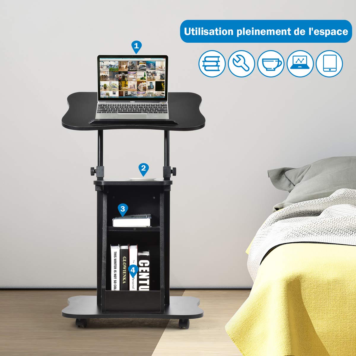 GOPLUS Escritorio de pie Moderno para Ordenador de Altura y ángulo Ajustables, reclinable con Multicapa, Marco de Madera, Mesa con Ruedas, para Oficina y Familia, Negro