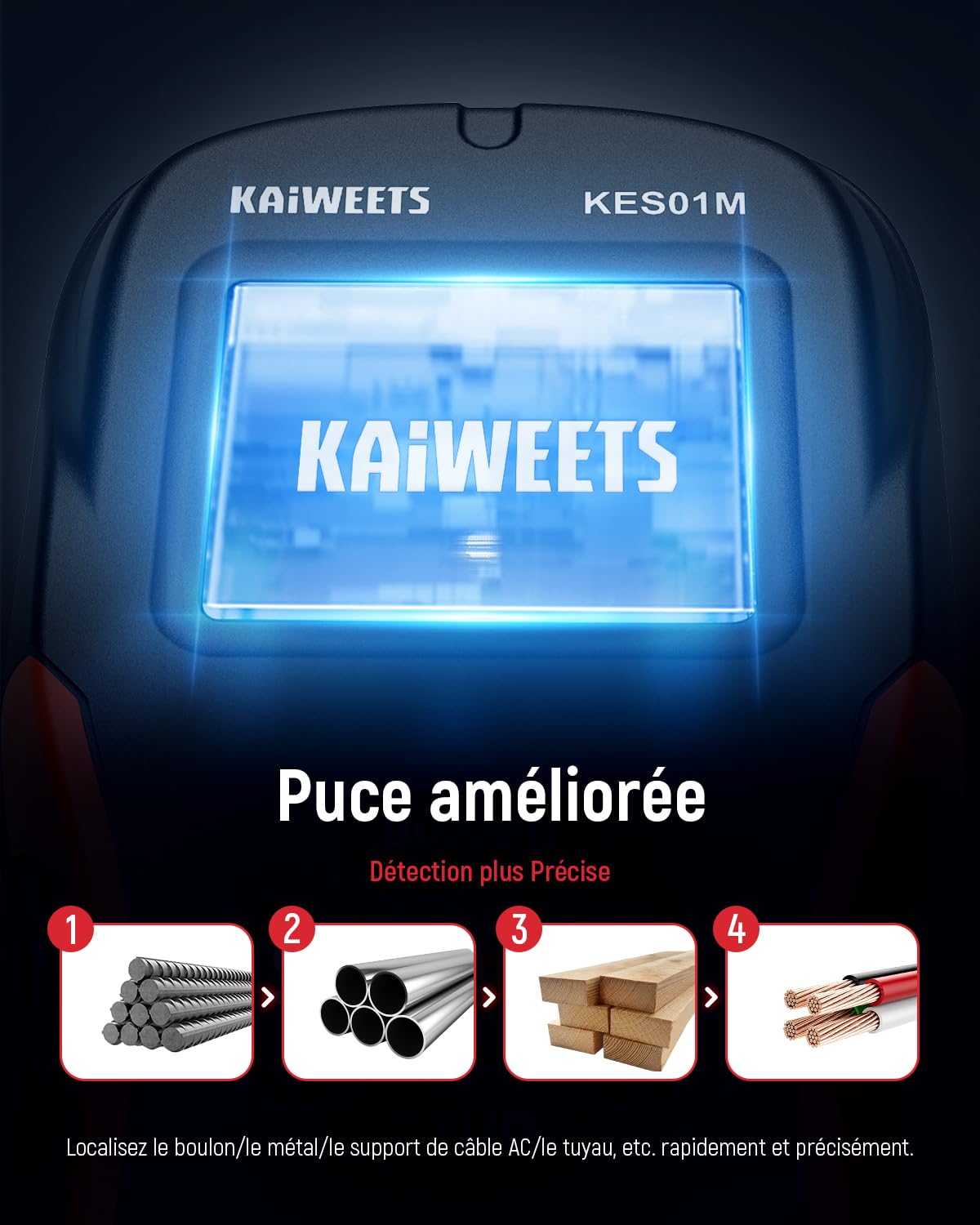 KAIWEETS Détecteur Mural, Détecteur de Construction Multifonction avec Écran HD LCD et Alarme Sonore, Scanner Mural pour Testeur de Bois, Métaux, Fil CA (Noir + Rouge)