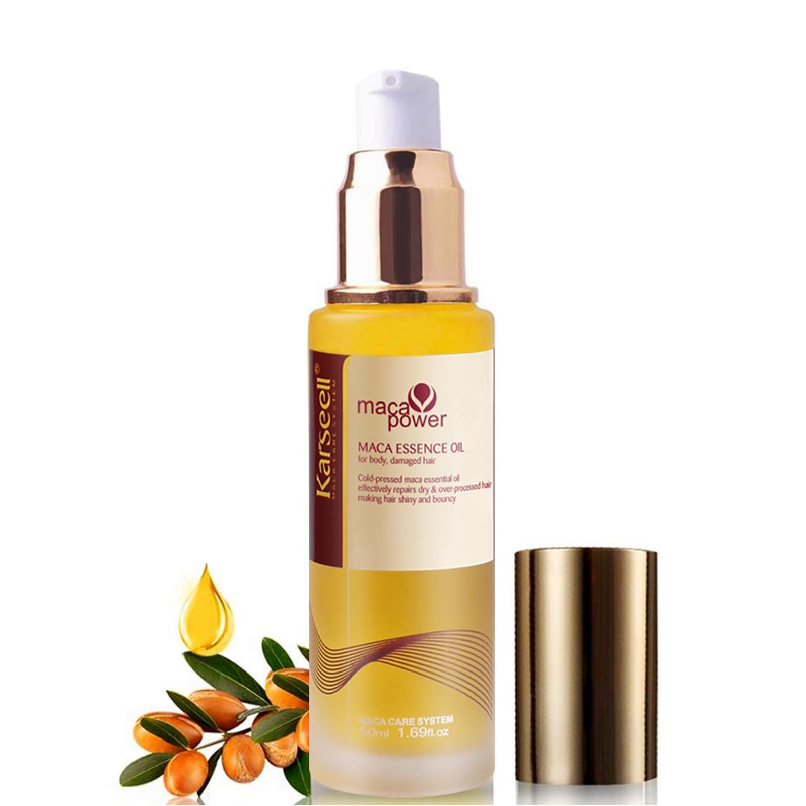Karseell Maca Essenz Haaröl für Trockenes Haar, Arganöl Haarserum Tiefenreparatur Haarpflege, Maca Essenzöl für Haut, Nägel, und Alle Haartypen, 50ml