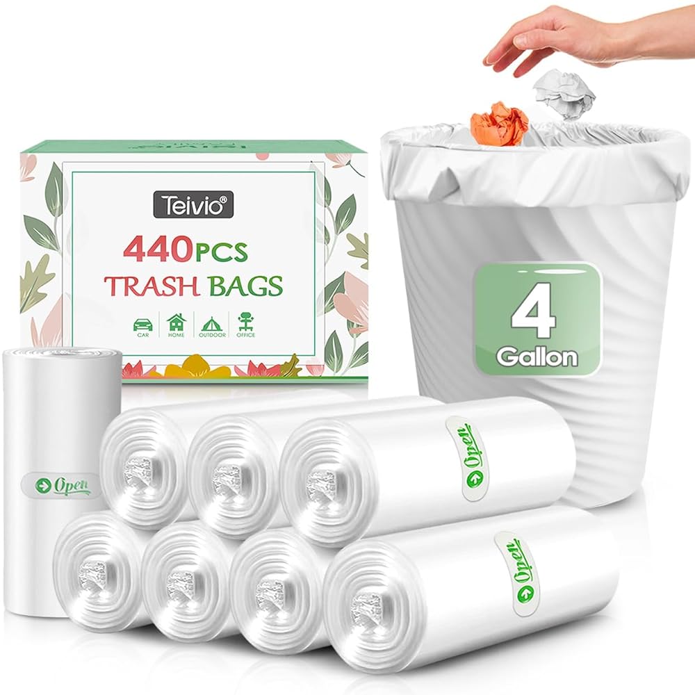 4 Gallon 440 Counts Strong Trash Bags Garbage Bags by Teivio, Bathroom Trash Can Bin Liners, Small Plastic Bags for home office kitchen (Clear)