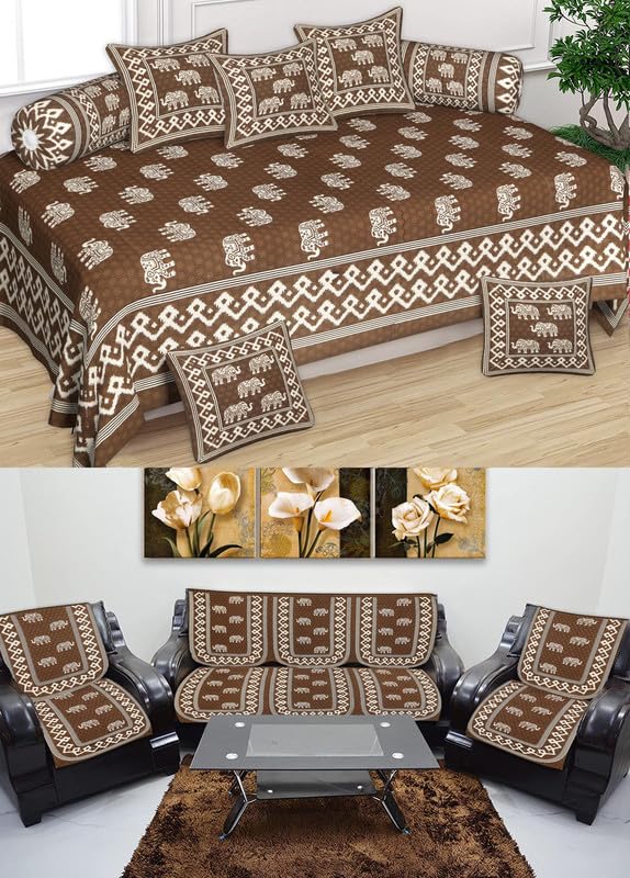 Maharaja Special Floral Cotton RoomSet Diwan & Sofa Cover Set Combo| Single Bedsheet, 2 Bolster Covers, 5 Cushion Covers and Five Seater Sofa Cover Set-picture-33