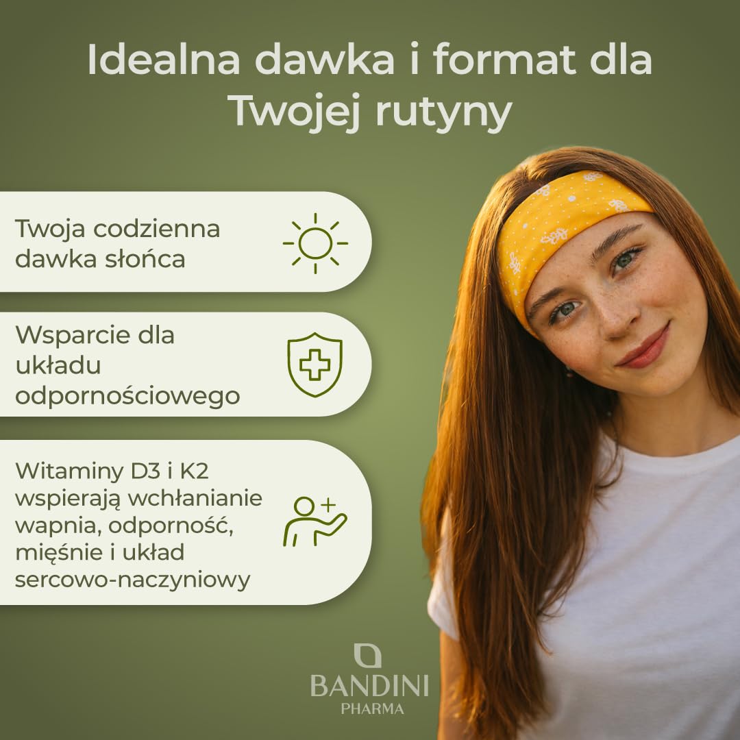 Bandini® Witamina D3 + K2 | 365 tabletek | 100mcg K2-99,7+% All-Trans K 2-MK7 + 125 µg - 5000 IU Witaminy D Cholecaciferol | Witaminy D3 i K2 chronią Kości, Zęby i Układ Odpornościowy