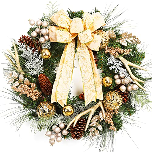 Laxmax Christmas Wreath With Lights, Champagne Gold Theme 24In 20Led Pre-Lit Christmas Wreath With Ribbon, Ball Ornaments, Pine Cones And Artificial Antlers For Door Window Mantle Christmas Decoration #TOP3