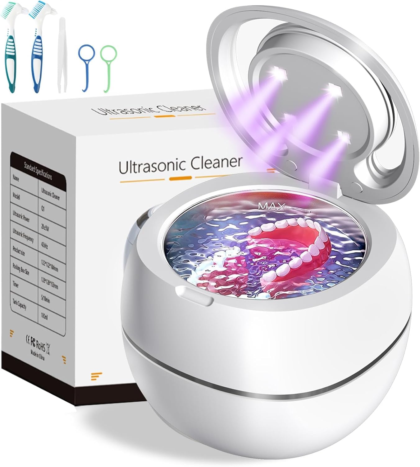 Nettoyeur Ultrasons,GuKKK 28W Detartreur Dentaire Ultrason UV,180ML Nettoyeur Ultrason Appareil Dentaire pour Prothèses Dentaires,Protège-dents de Nuit, Aligneur,Tête de Brosse,Bijoux (Weiß)