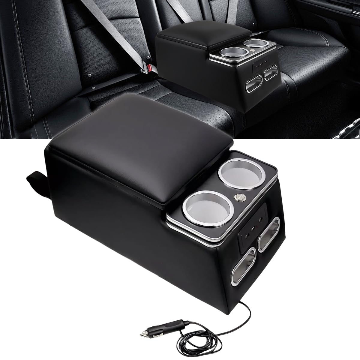 Universal Truck Seat/Bench Organizer with LED Light, USB Port, Cup Holders, Armrest, and Padded Top Lid - Ideal for Business Storage 124810 Contractor Console luxurious