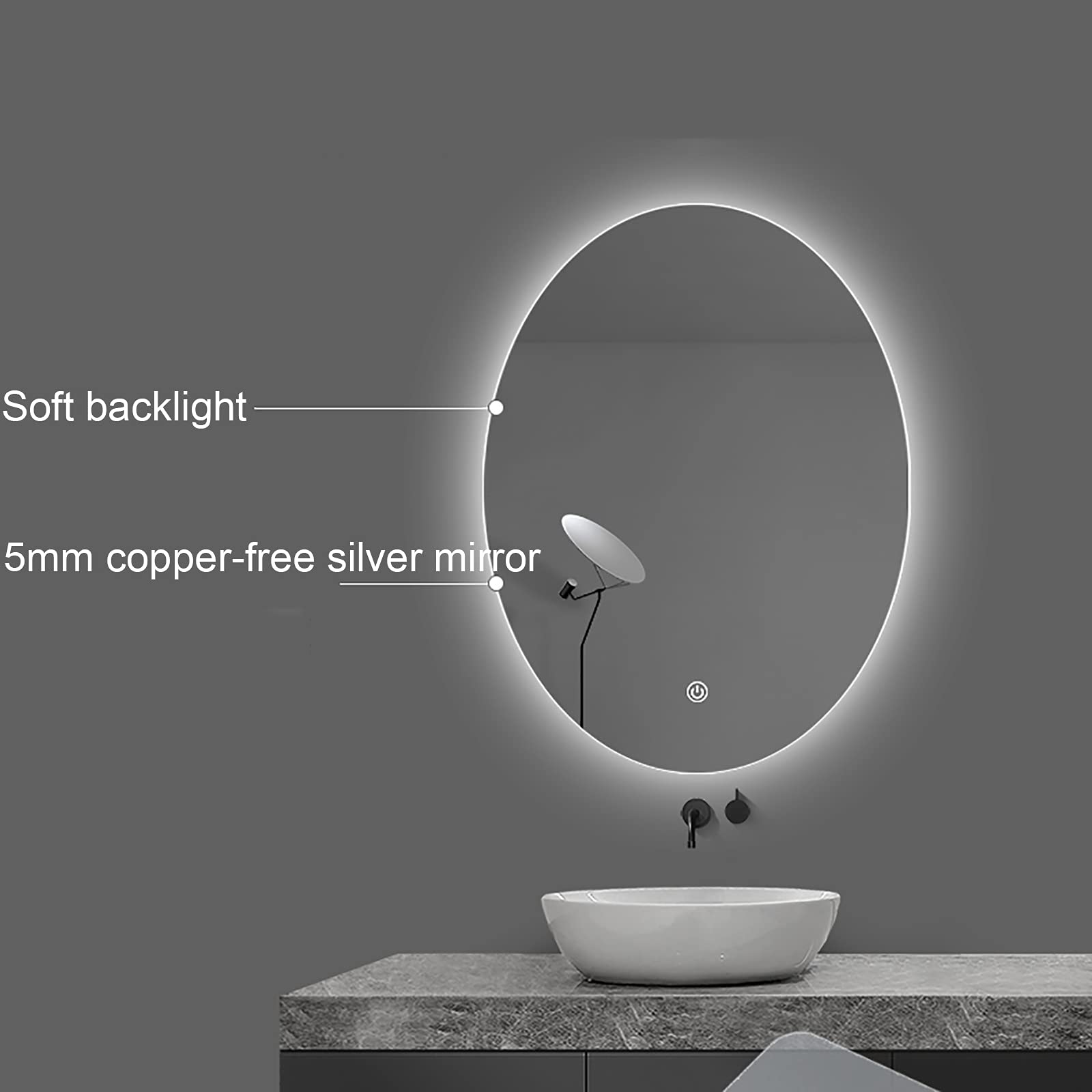 Specchio Espejo de baño LED ovalado, grande, irrompible, de vidrio templado con doble iluminación, espejo de tocador de pared para maquillaje (tamaño: 600 mm x 800 mm/24 pulgadas x 32 pulgadas)