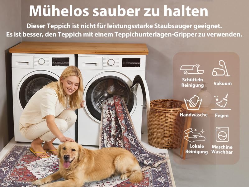 Puremy Vintage Teppich Wohnzimmer, Waschbar Weich Teppiche 160X220CM, Rot – Ansicht 3