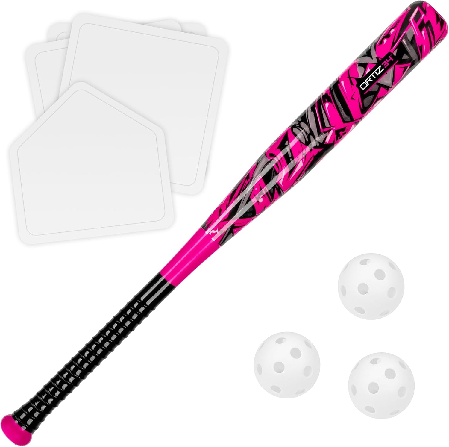 Ortiz34 Grand Slam Set- Graffiti Plastic Bat, 3 Balls, 4 Throw Down Bases Pink