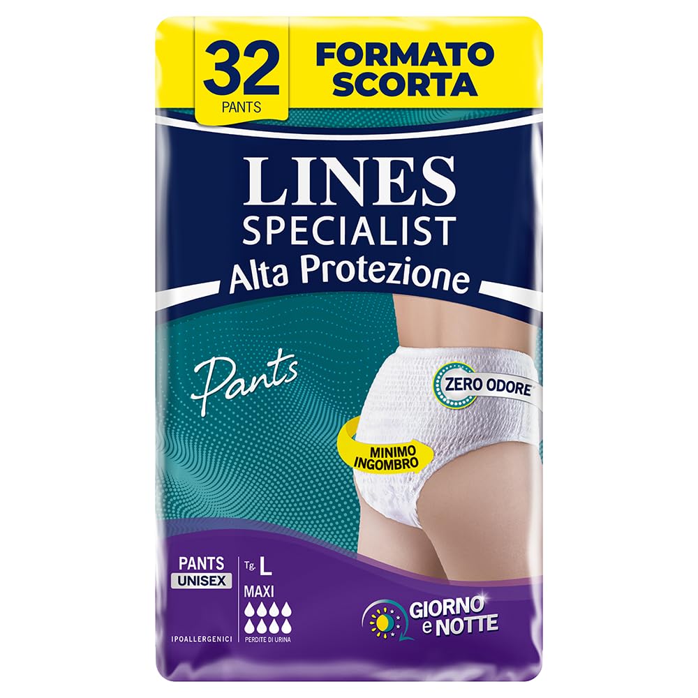 Lines Specialist Pants Maxi Unisex, Inkontinenzunterhose für Damen und Herren, hoher Schutz bis zu 12 Stunden, Größe L, monatliche Vorrat, 4 Packungen mit je 8 Stück