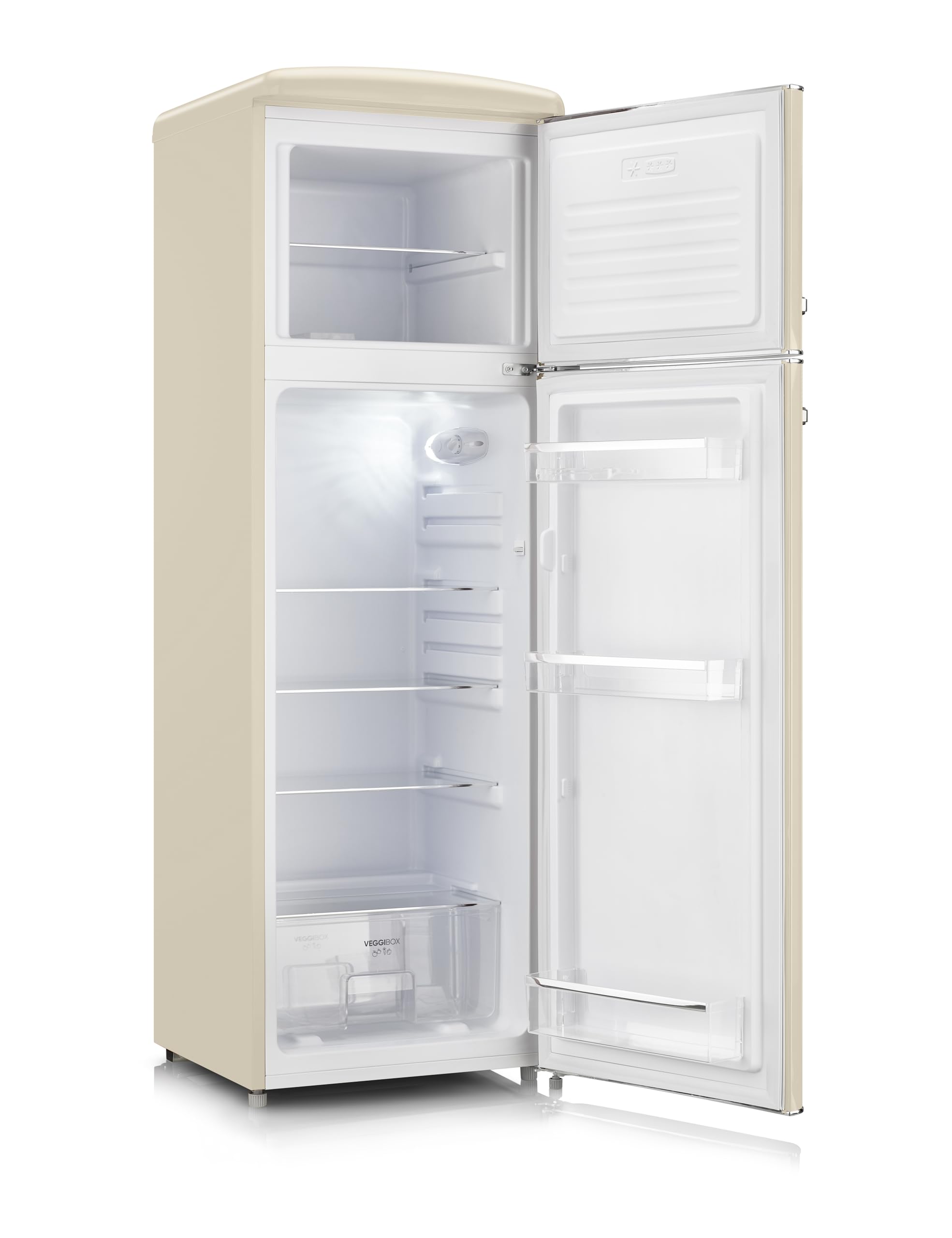 SEVERIN RKG 8985 [EEK D] frigorifero retrò con applicazioni cromate, congelatore superiore, illuminazione a LED, 1-7°C, volume netto 246 L, solo 39 dB, crema, RKG 8985