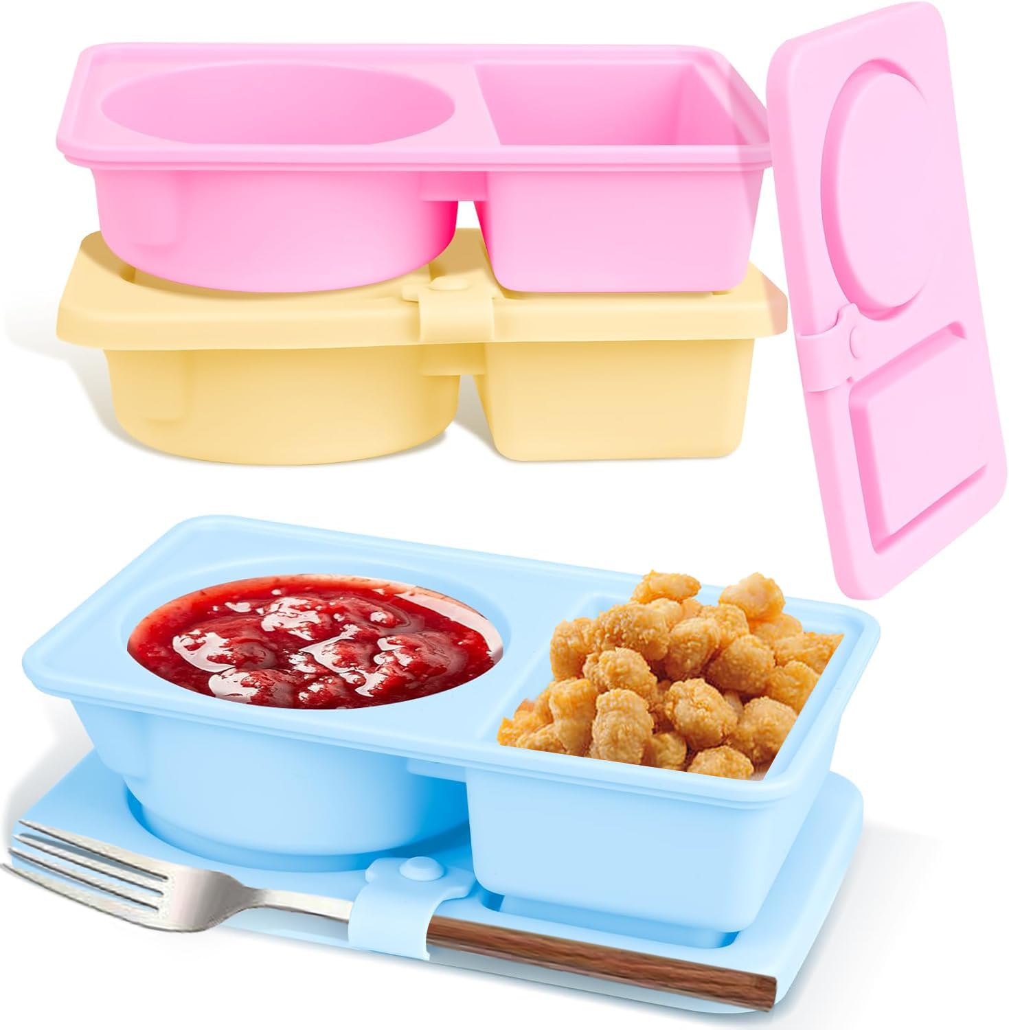 3 PCS Silicone Reusable Dual Compartment Snack Containers with Lids,Salad Dressing Sauce Seasoning Container, Food Storage Boxs for Travel, Office, Picnic