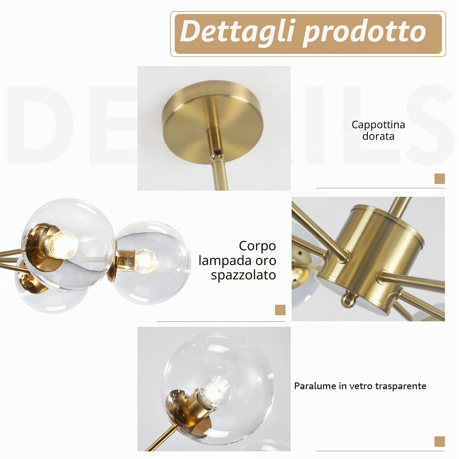 KCO Lighting Moderno Sputnik 6 luci Lampadario Ottone Dorato Globi Vetro