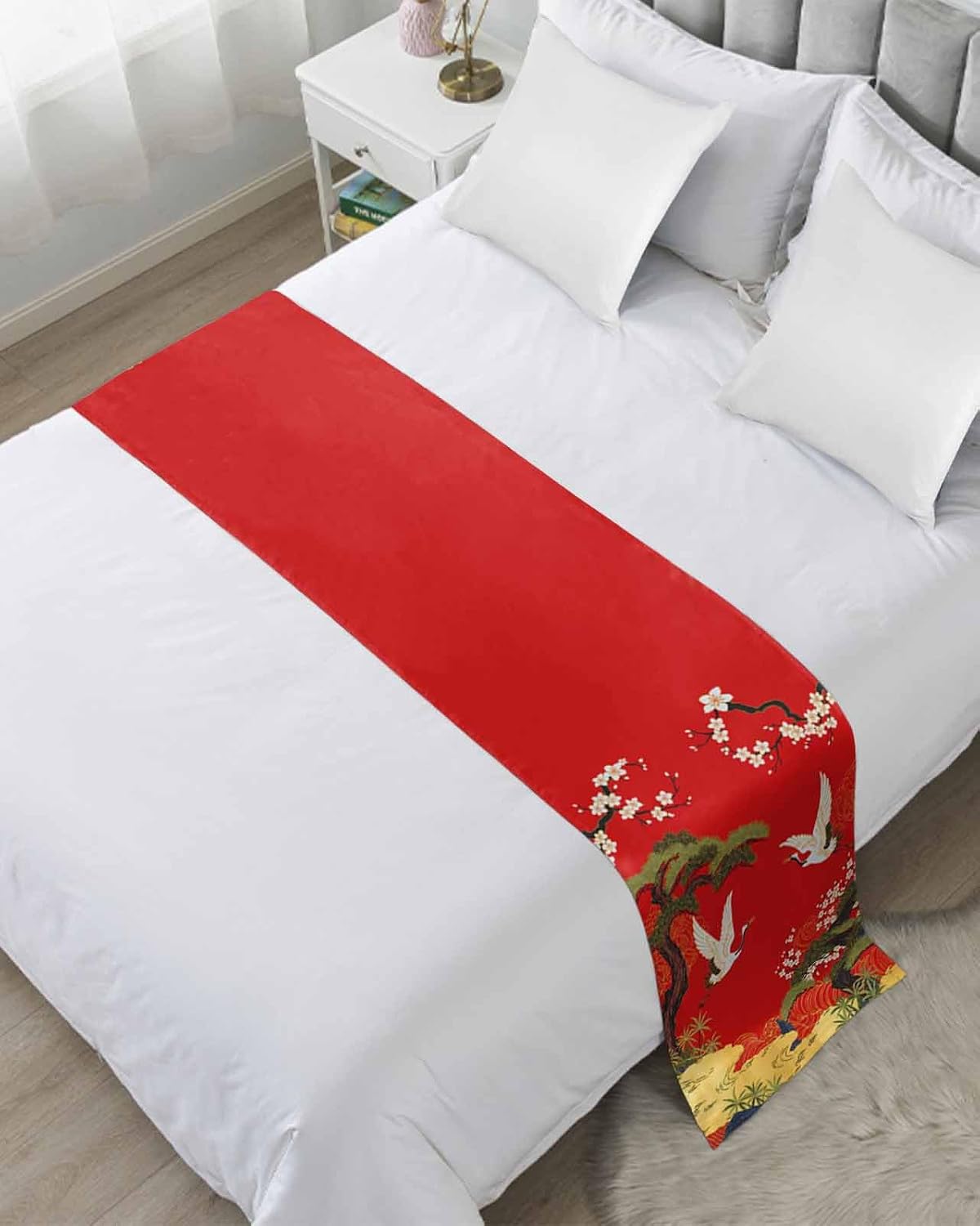 Red Traditional Bed Runner Scarf Twin Size, Vintage Crane Pine Flowers Natural Luxury Bed Throw Runners & Scarves for Twin Full Queen King Foot of Bed, Bedroom Hotel Wedding Room Decoration, 71"x20"