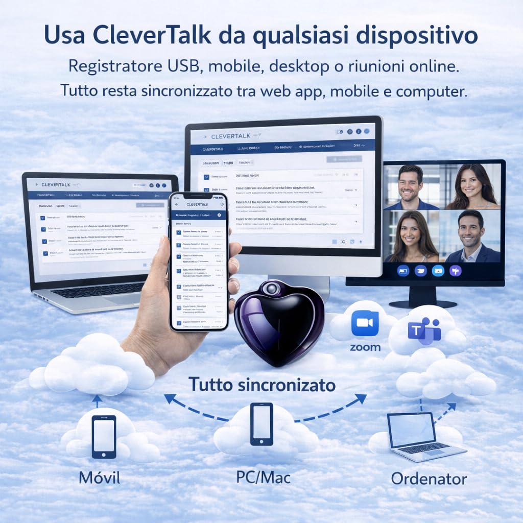 CleverTalk Heart Registratore Vocale con IA | Attivazione Vocale | App Mobile, Mac, Windows e Web | Cloud Europeo GDPR | 64GB | Audio HD 1536kbps | USB-C