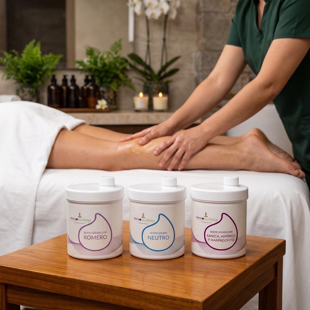 PHYSIOCEUTICALS - Pack 3 Aceites Sólidos Quiromasaje 1000ml - Romero, Árnica-Hipérico-Harpagófito y Neutro - Kit Completo para Masaje profesional