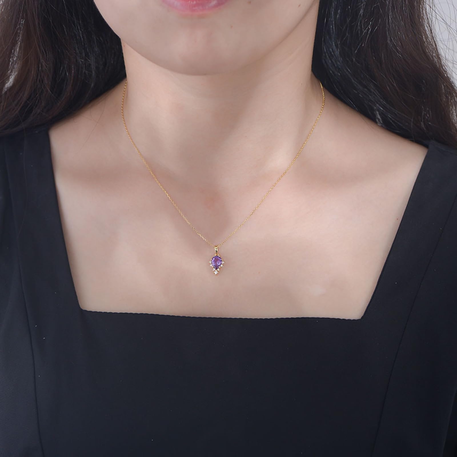 Collana Donna, Donna Oro Giallo Collana da Donna con Pendente a Goccia 6x8mm in Ametista e Moissanite, Lunghezza 40+5cm