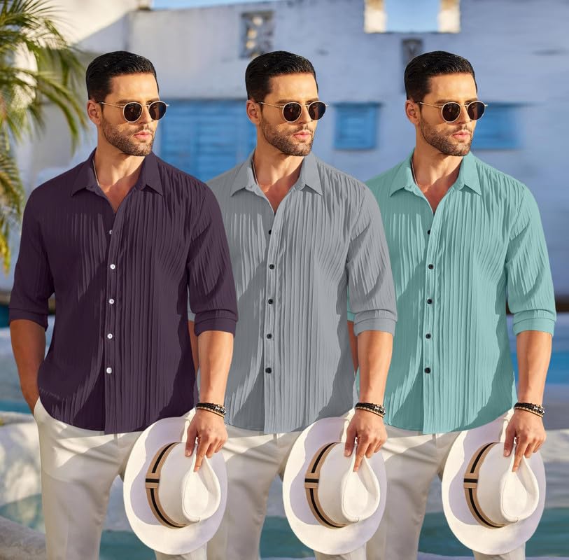 Image of FINIVO FASHION Combo of Men's Casual Cotton Plain Button Down Shirt Long Sleeve Textured Summer Beach Shirt for Men Pack of 3