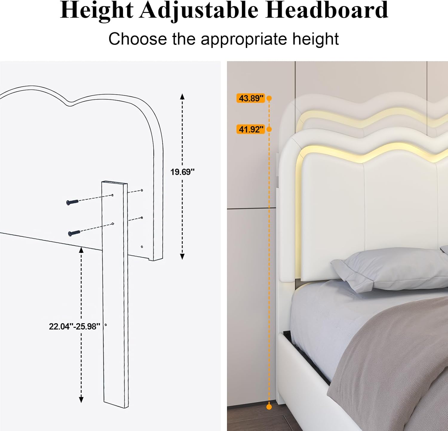 Full Size Bed Frame with 4 Storage Drawers and LED Lights, Upholstered Platform Bed with Adjustable Headboard, Charging Station, Metal Slats Support, No Box Spring Needed, White