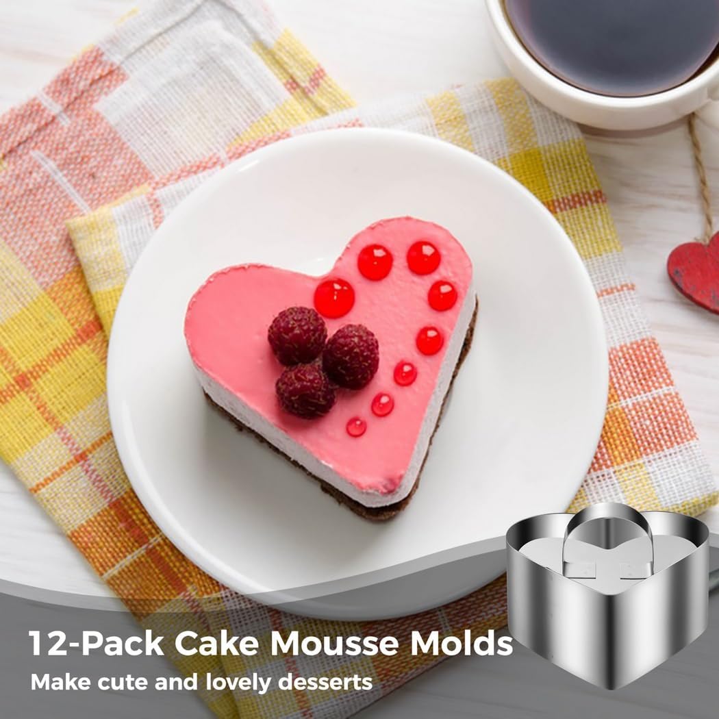 12-Piece Stainless Steel Heart-Shaped Mousse Ring Molds, With Pusher, For Molding Cakes, Biscuits, Desserts, And More, 3.15In X 1.46In