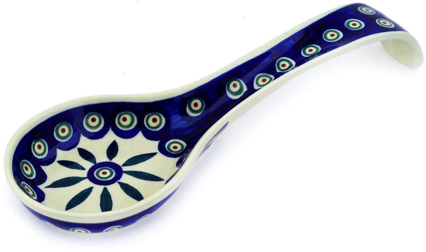 Polish Pottery Spoon Rest From Zaklady Ceramiczne Boleslawiec #1178-56 Peacock Classic Pattern, 12 Inch Long