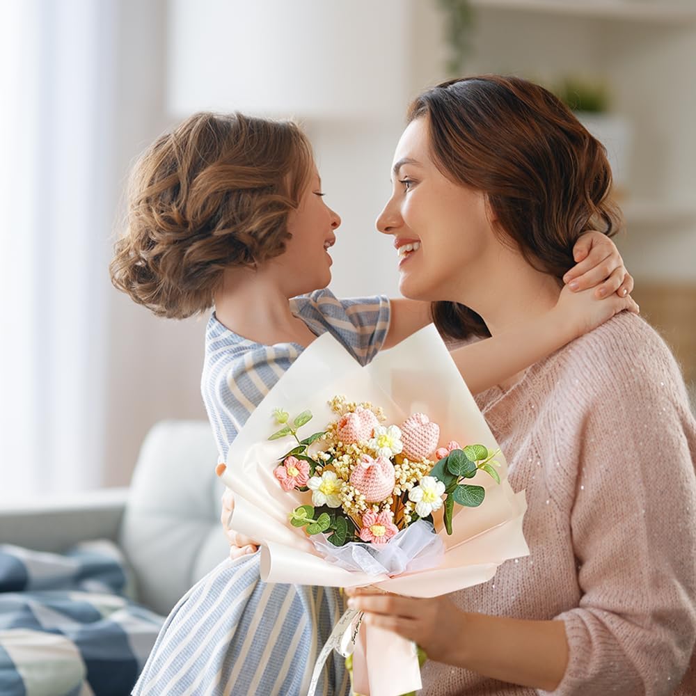 Crochet Flower Tulip Bouquet: Handmade Artificial Flower Knitted Sunflower Bouquet for Festival Wedding Graduation Anniversary (Pink) - Image 6