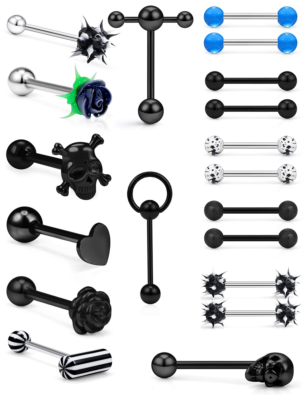 Prjndjw 14G Tongue Rings Surgical steel tongue piercing jewelry 5/8 inch 16mm Skull Heart Flower T Shape Koosh Spiky Silicone Soft Spike Ball Door Knocker Tongue Ring Body Piercing Jewelry Retainer