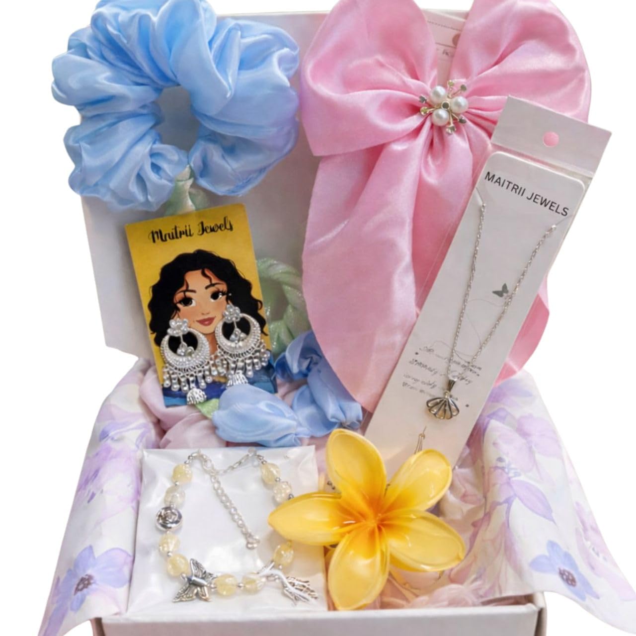 Cute Aesthetic Jewellery Gift Hamper for Girls & Women | Pearl Hair Bow, Scrunchie, Oxidised Earrings, Shell Pendant Necklace, Charm Bracelet, Flower Hair Claw & Stickers | Birthday, Valentine's Day & Friendship Gift-image-20