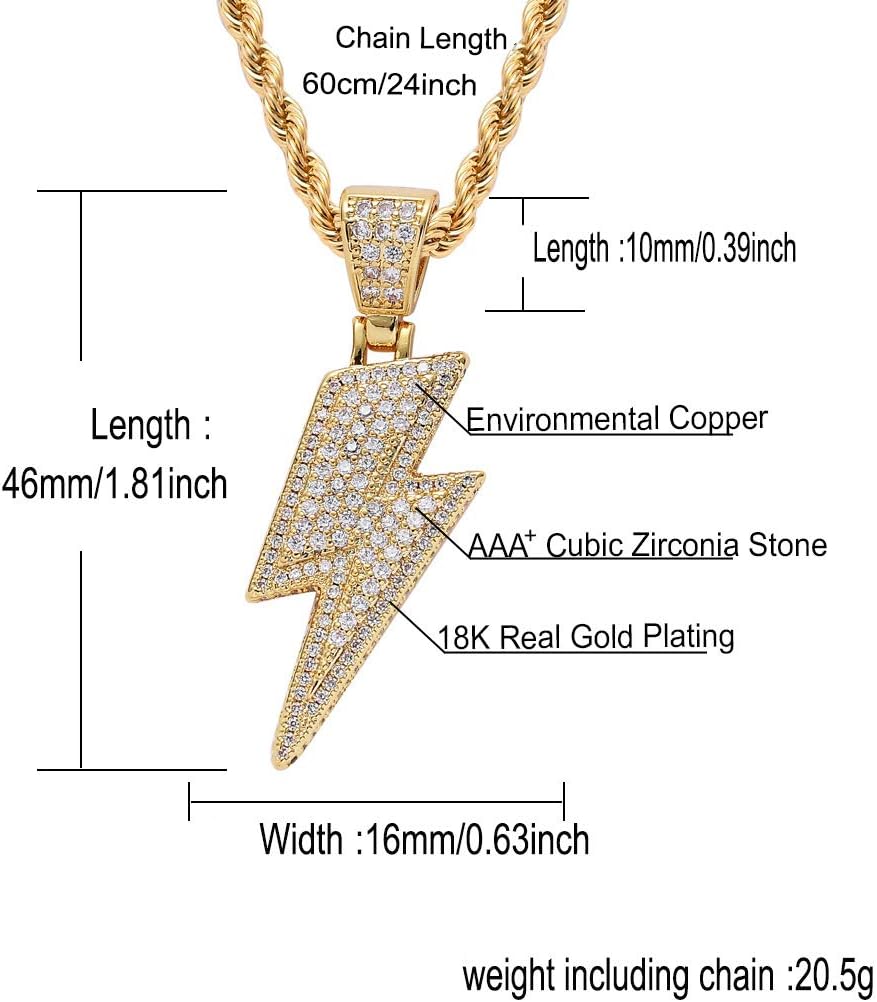 18K Gold Plated Iced Out CZ Lightning Bolt Design Necklace Pendant Micro Paved Simulated Diamond for Men