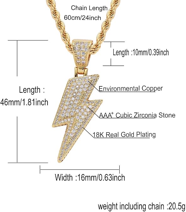 18K Gold Plated Iced Out CZ Lightning Bolt Design Necklace Pendant Micro Paved Simulated Diamond for Men