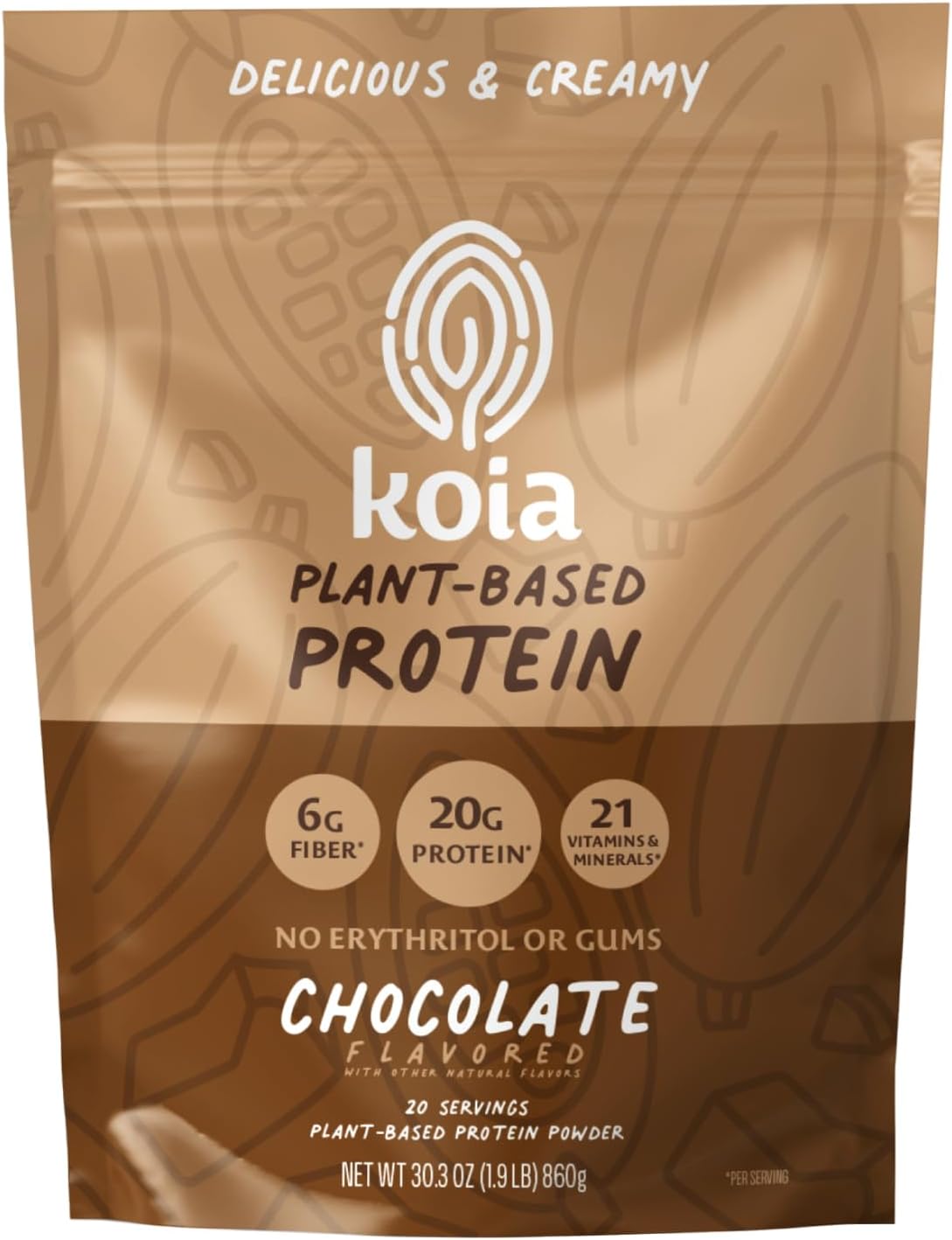 Plant Based Protein Powder, Chocolate, 20g Protein, 3g Sugar, 6g Prebiotic Fiber, Pre & Post Workout, 21 Vitamins & Minerals, No Seed Oils, Dairy-Free, Gluten-Free, Non-GMO, 20 Servings, 30.3 Oz