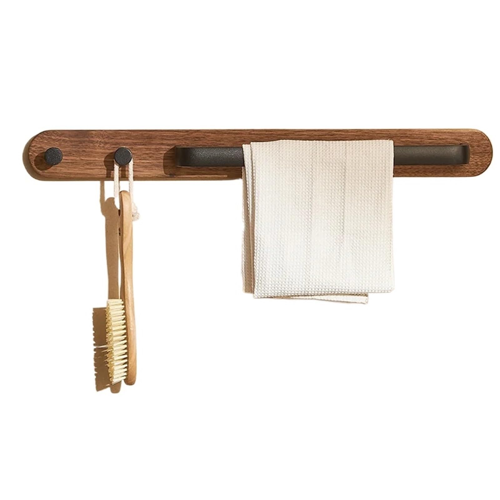 Towel Holder Towel Bar Wood Bathroom With 2 Hooks Aluminum Wall Mounted Lavatory Bathroom Towel Holder Rack Storage Hang Shelf(Black)