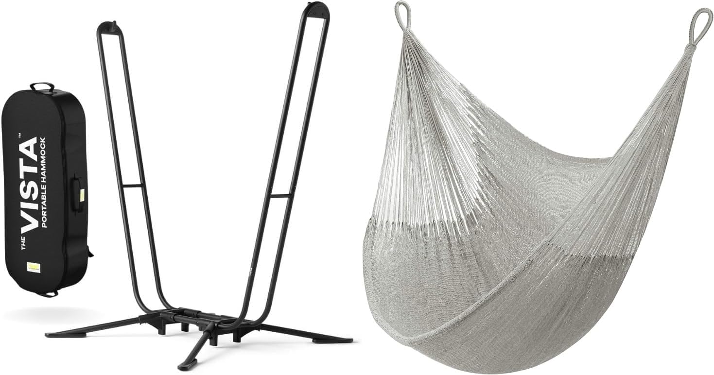 Handwoven Hammock & Charcoal Vista Stand by Yellow Leaf Hammocks - Hanging Chair, Fits 1 Person, 330lb max - Weathersafe, Easy to Hang & Setup, Ultra Soft, Artisan Made - Hammock Color: Grey