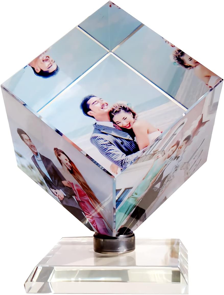 Customized Crystal Glass Picture Frame Personalized 3D Rotatable Cube Photo Frame 3