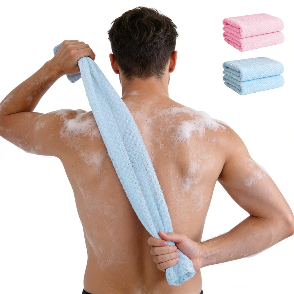 Serviette Exfoliante Douche 2 Pièces, Brosse de Dos, Gant Exfoliant, Éponge de Douche, Accessoire Gommage Corps pour Homme Femme (Rose+Bleu)