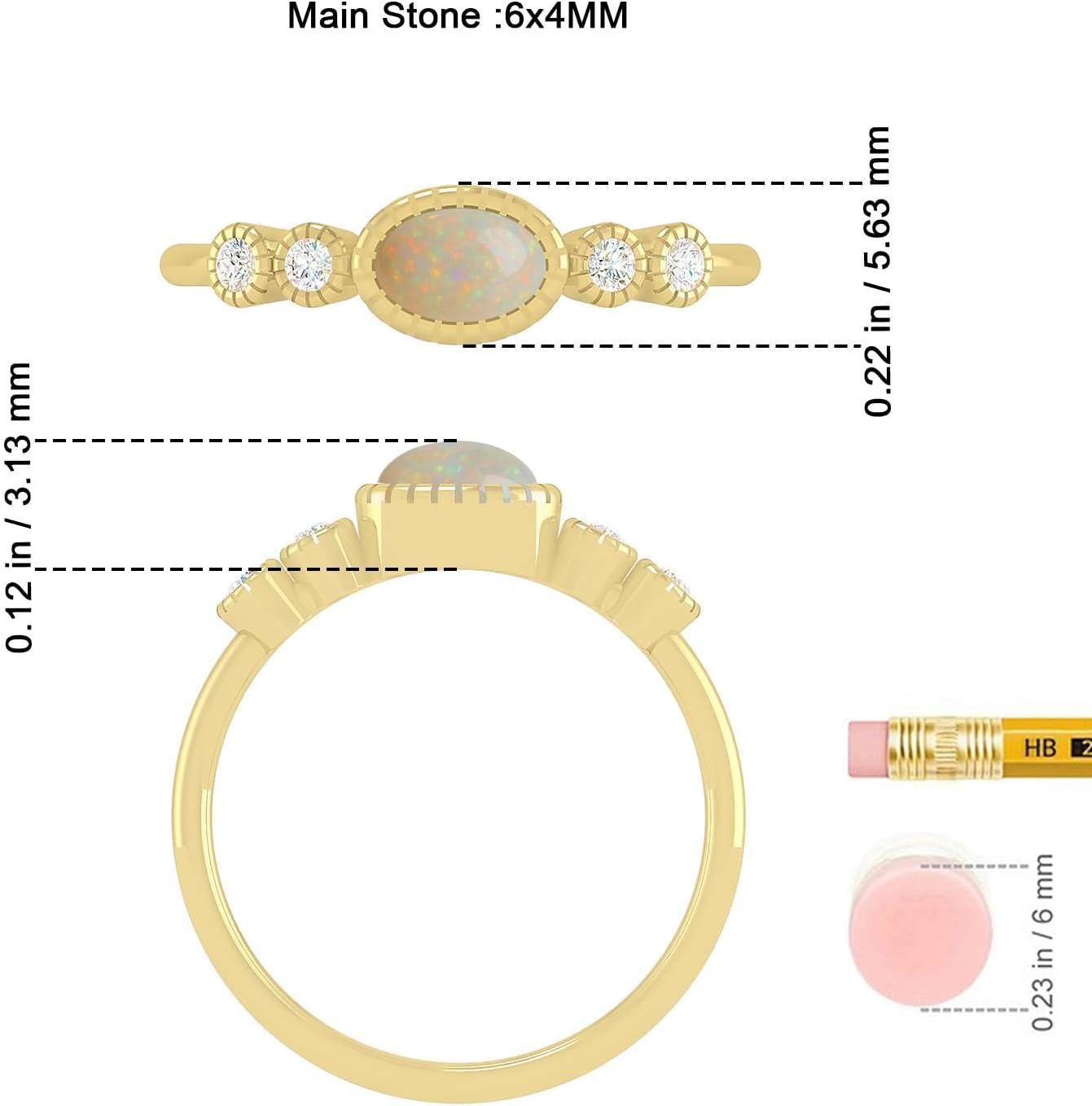 Natural Opal and Diamond Ring for Women in 14K Gold or 925 Sterling Silver – Oval Cut White Gemstone Dainty Stackable October Birthstone Ring
