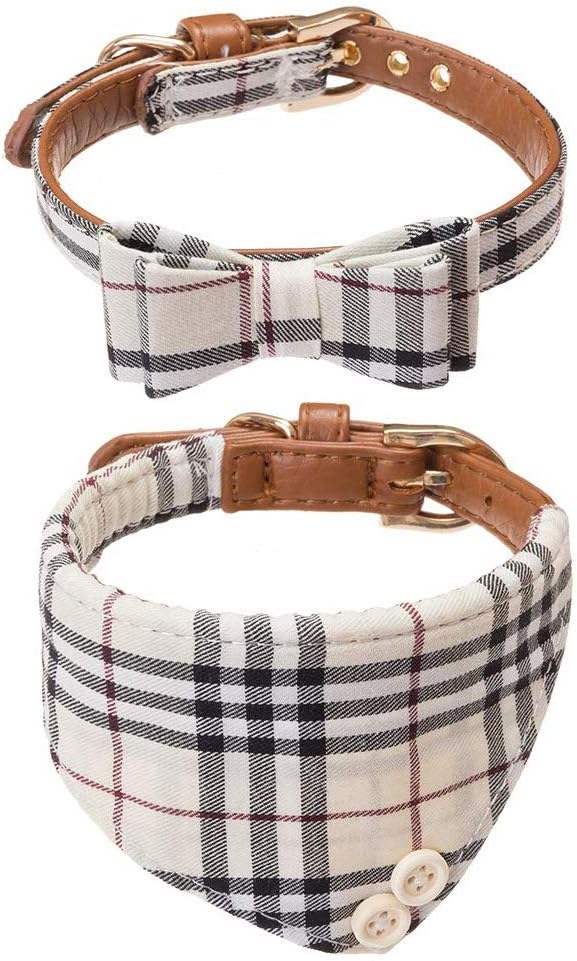 EXPAWLORER Bow Tie Dog Collar, 2 Pack Classic Plaid Adjustable Collars Bowtie Bandana for Medium Dogs